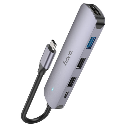 USB-C Hub HOCO HB27, USB-A 3.0 - 2 x USB-A - USB-C - HDMI, Šedý