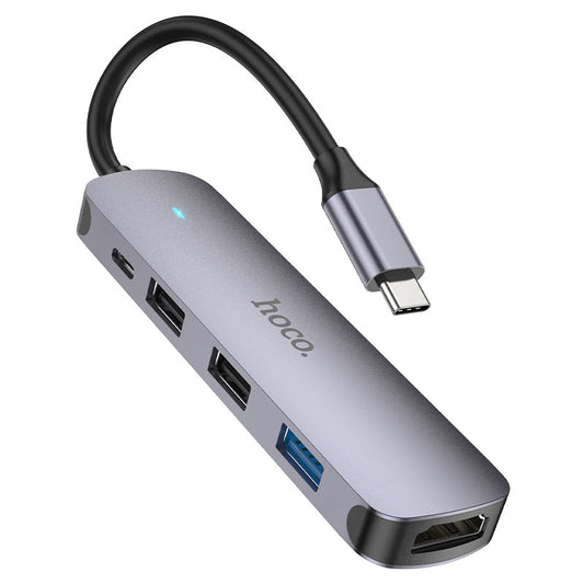 USB-C Hub HOCO HB27, USB-A 3.0 - 2 x USB-A - USB-C - HDMI, Šedý
