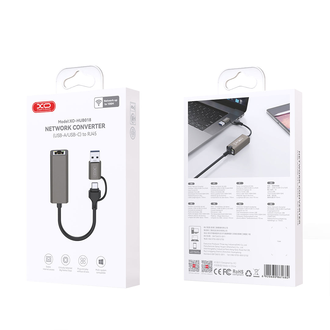 Síťová karta XO Design HUB018, RJ45, USB-C / USB, Šedá
