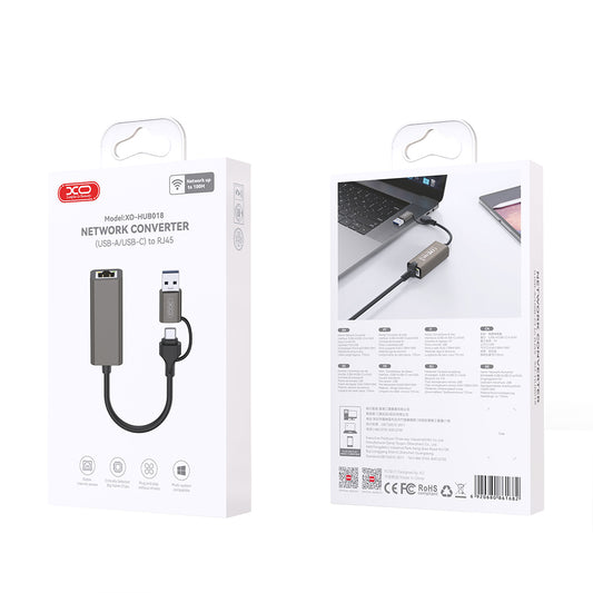 Síťová karta XO Design HUB018, RJ45, USB-C / USB, Šedá
