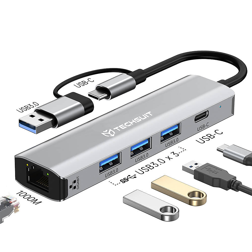 Hub USB / USB-C Techsuit H3 BoostNetLink, 5v1, Šedý
