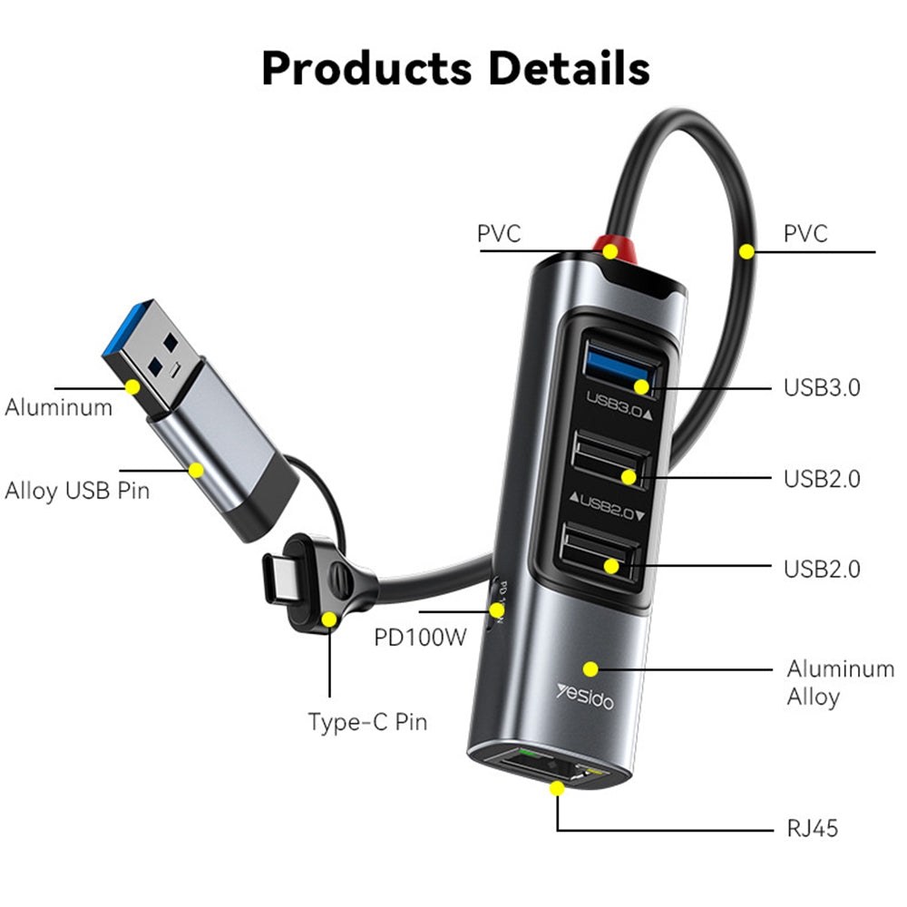 USB / USB-C hub Yesido HB21, 5v1, šedý