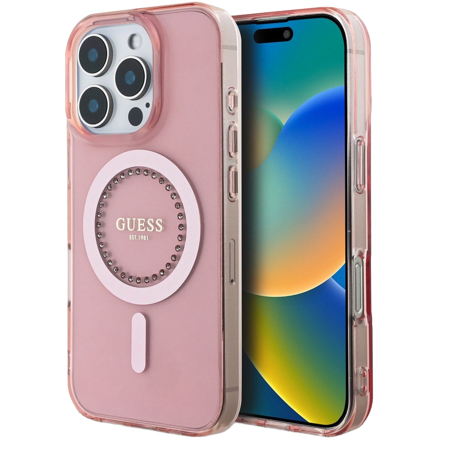 Pouzdro MagSafe pro Apple iPhone 16 Pro Max, Guess, IML Rhinestones Ring, Růžové GUHMP16XPFTDTEP