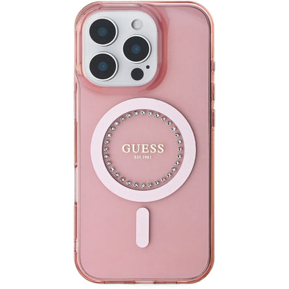 Pouzdro MagSafe pro Apple iPhone 16 Pro Max, Guess, IML Rhinestones Ring, Růžové GUHMP16XPFTDTEP