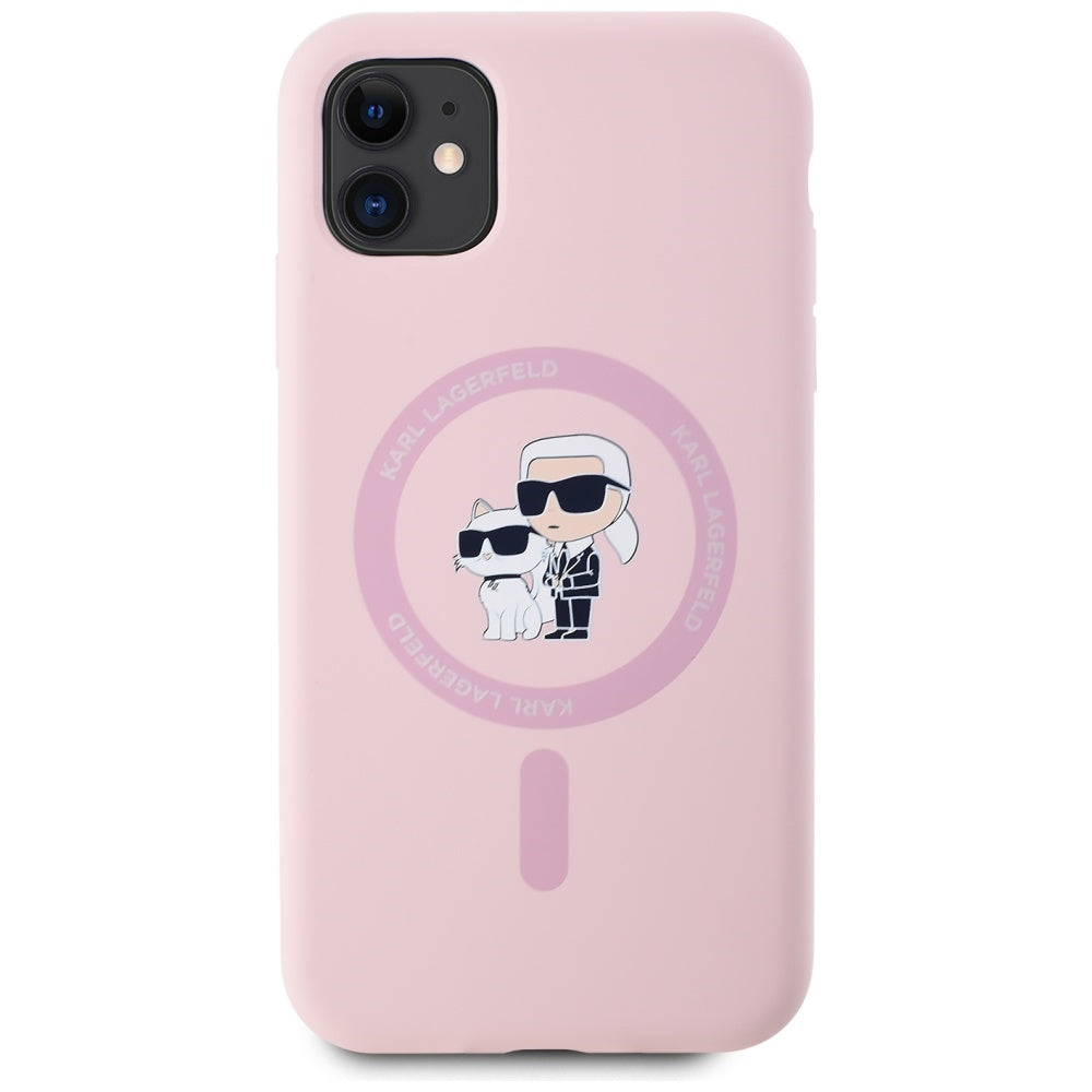 Pouzdro MagSafe pro Apple iPhone 11, Karl Lagerfeld, Silikon Karl & Choupette, Růžové