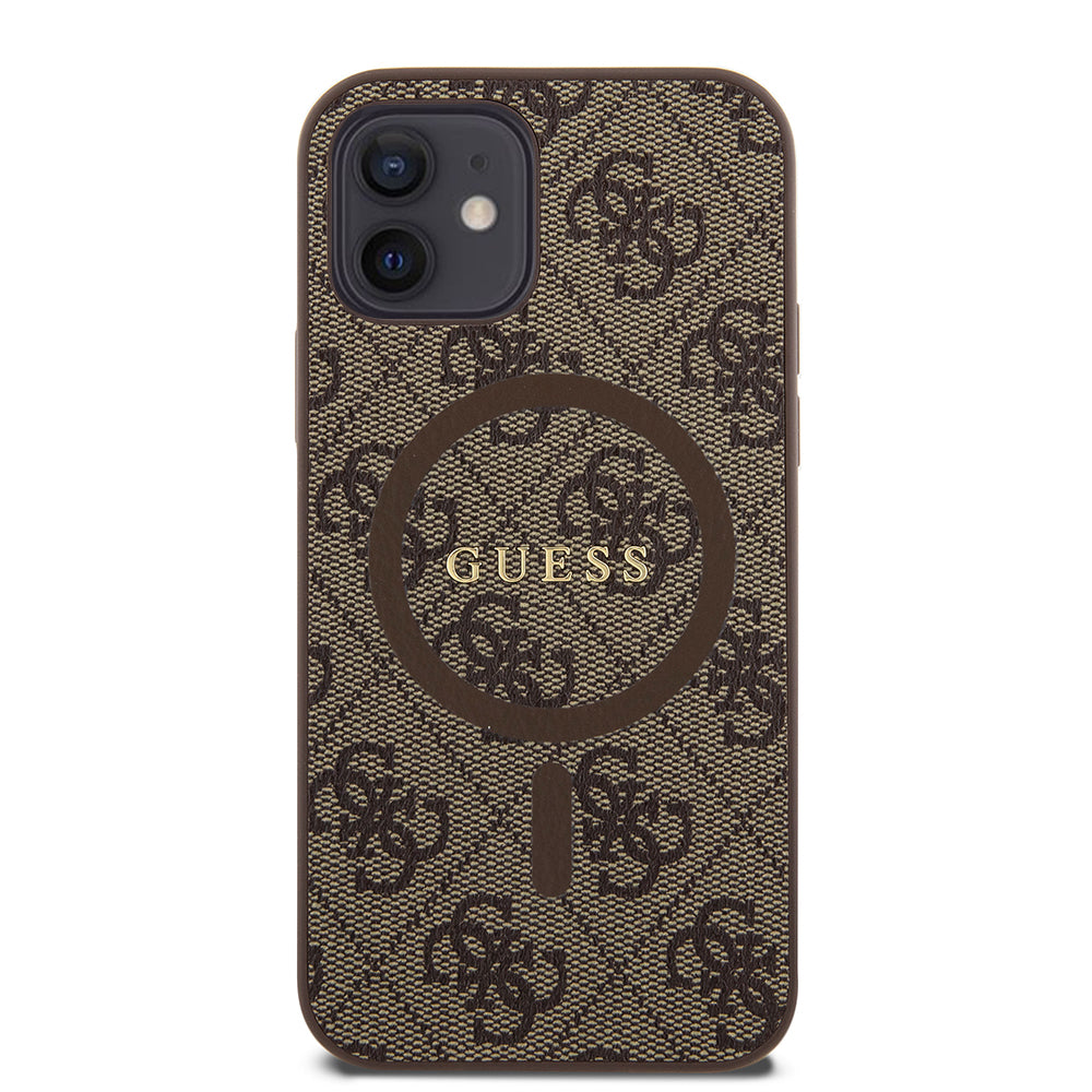 Pouzdro MagSafe pro Apple iPhone 12 / 12 Pro, Guess, 4G Ring Classic Logo, Hnědá