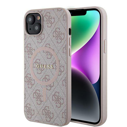 Pouzdro MagSafe pro Apple iPhone 14, Guess, 4G Ring Classic Logo, Růžové