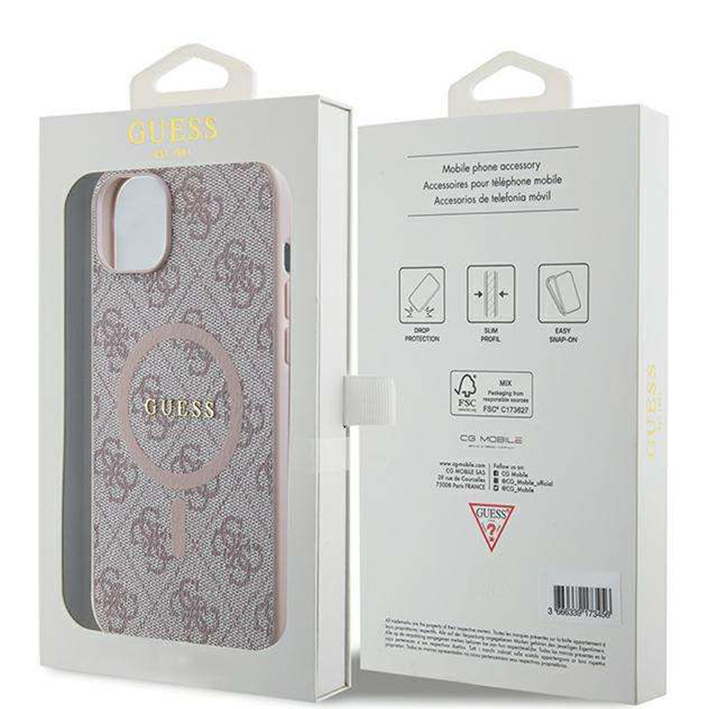 Pouzdro MagSafe pro Apple iPhone 14, Guess, 4G Ring Classic Logo, Růžové