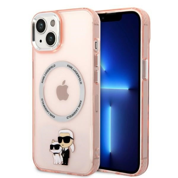 Pouzdro MagSafe pro Apple iPhone 14, Karl Lagerfeld, Ikonik Karl & Choupette, Růžové