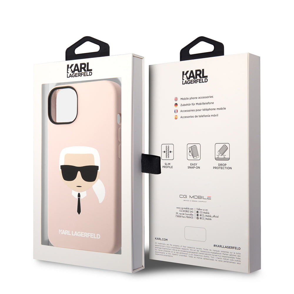Pouzdro MagSafe pro Apple iPhone 14 Plus, Karl Lagerfeld, Silikonová hlava Karla, Růžová