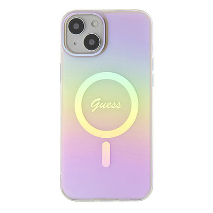 Pouzdro MagSafe pro Apple iPhone 15, Guess, IML Iridescent Script, Růžové GUHMP15SHITSP