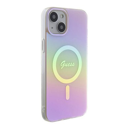 Pouzdro MagSafe pro Apple iPhone 15, Guess, IML Iridescent Script, Růžové GUHMP15SHITSP