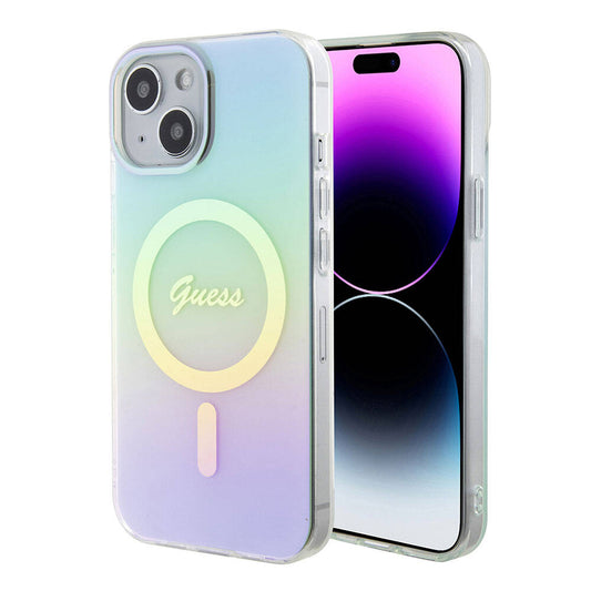 Pouzdro MagSafe pro Apple iPhone 15, Guess, IML Iridescent, Tyrkysová