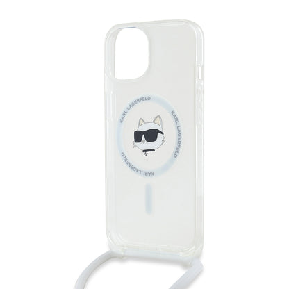 Pouzdro MagSafe pro Apple iPhone 15, Karl Lagerfeld, IML Crossbody Choupette's Head with Strap, Průhledné