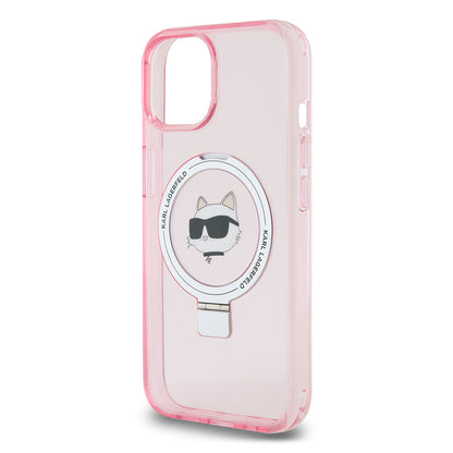 Pouzdro MagSafe pro Apple iPhone 15, Karl Lagerfeld, Ring Stand Choupette's Head, Růžové