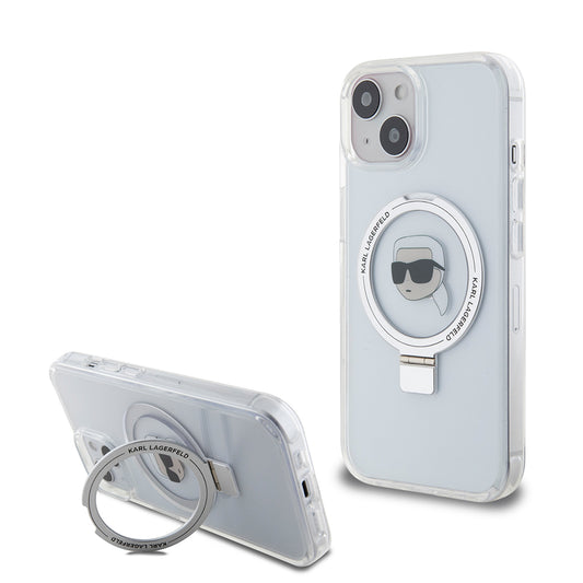 Pouzdro MagSafe pro Apple iPhone 15, Karl Lagerfeld, Ring Stand Karl's Head, Bílá