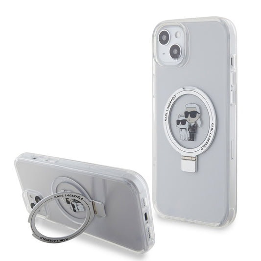 Pouzdro MagSafe pro Apple iPhone 15 Plus, Karl Lagerfeld, Ringstand Karl and Choupette, Bílá