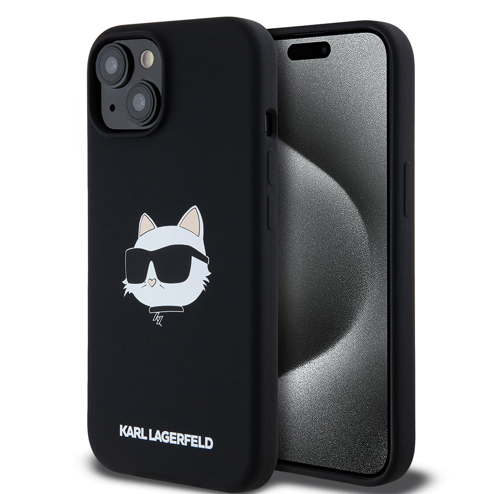 Pouzdro MagSafe pro Apple iPhone 15, Karl Lagerfeld, Silicone Choupette's Head, Černá