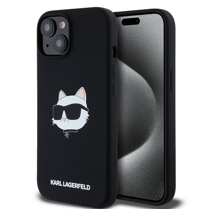 Pouzdro MagSafe pro Apple iPhone 15, Karl Lagerfeld, Silicone Choupette's Head, Černá