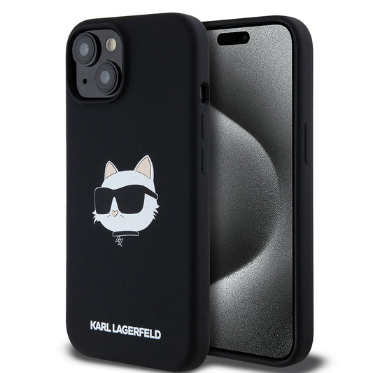 Pouzdro MagSafe pro Apple iPhone 15, Karl Lagerfeld, Silicone Choupette's Head, Černá