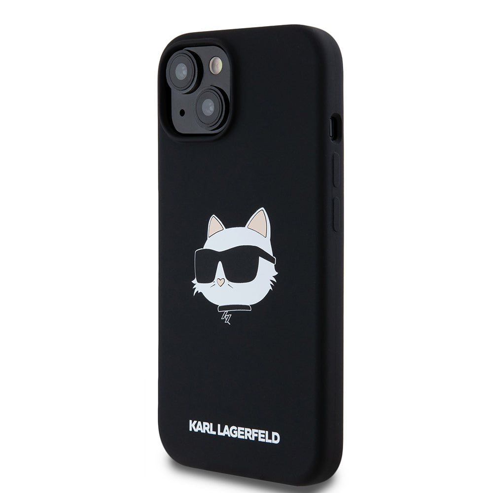 Pouzdro MagSafe pro Apple iPhone 15, Karl Lagerfeld, Silicone Choupette's Head, Černá