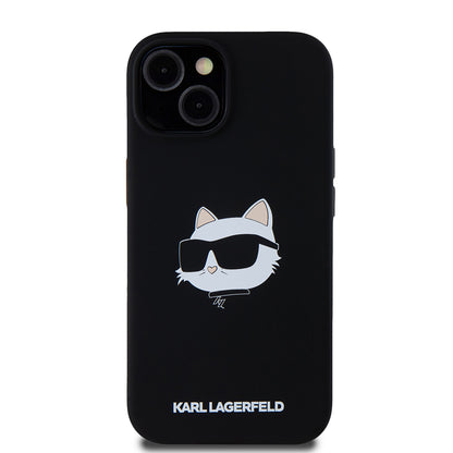 Pouzdro MagSafe pro Apple iPhone 15, Karl Lagerfeld, Silicone Choupette's Head, Černá