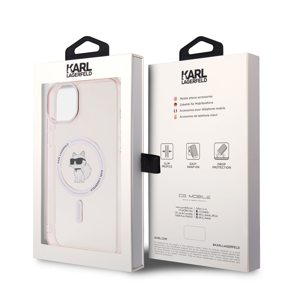 Pouzdro MagSafe pro Apple iPhone 15 Plus / 14 Plus, Karl Lagerfeld, IML Choupette, Růžová