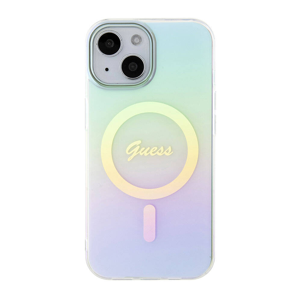 Pouzdro MagSafe pro Apple iPhone 15 Plus, Guess, IML Iridescent, Tyrkysová