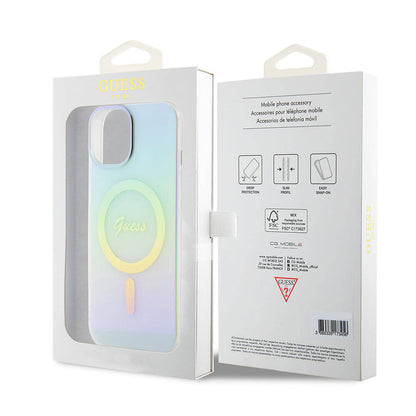 Pouzdro MagSafe pro Apple iPhone 15 Plus, Guess, IML Iridescent, Tyrkysová