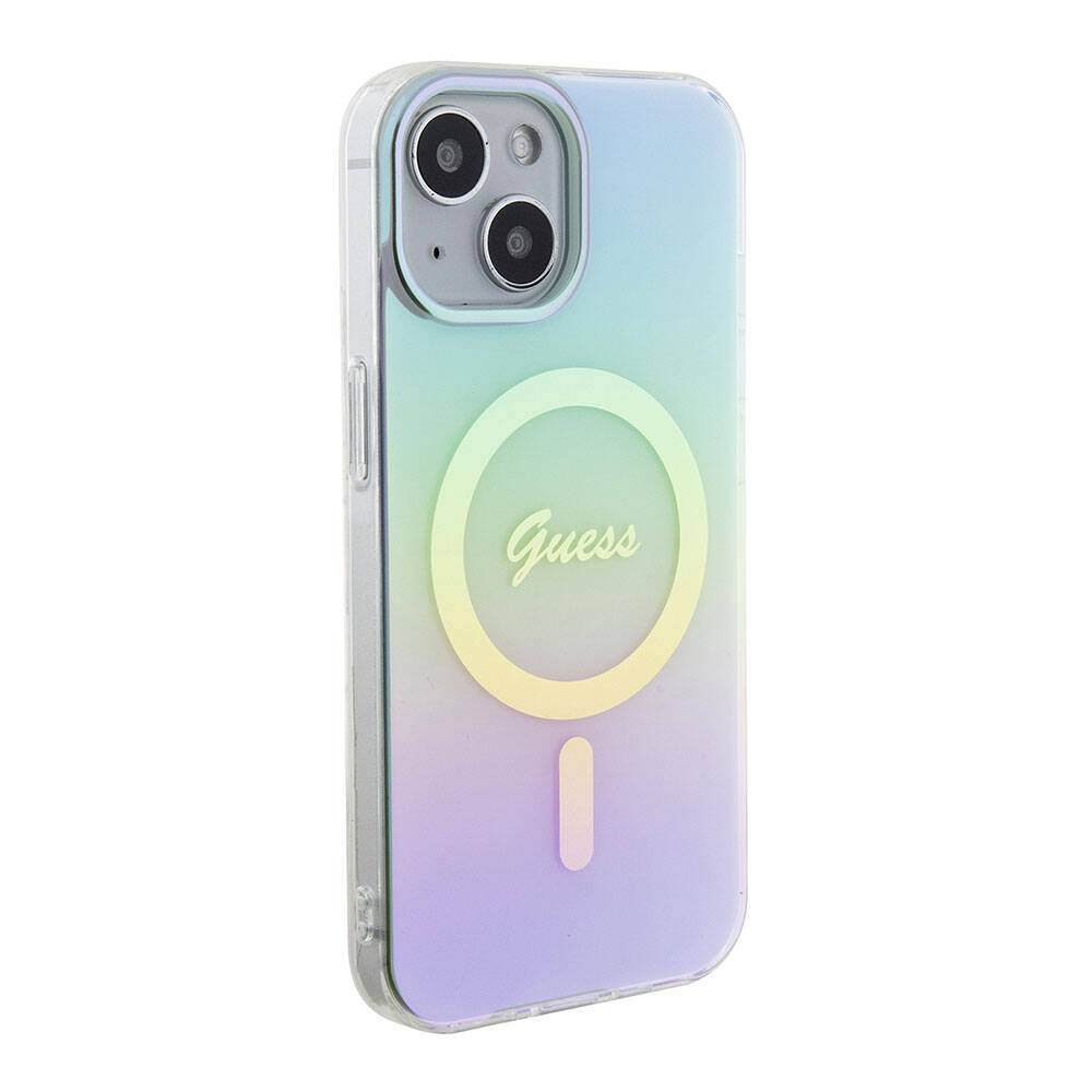 Pouzdro MagSafe pro Apple iPhone 15 Plus, Guess, IML Iridescent, Tyrkysová