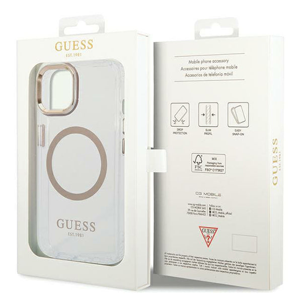 Pouzdro MagSafe pro Apple iPhone 15 Plus, Guess, Metal Outline, Zlaté