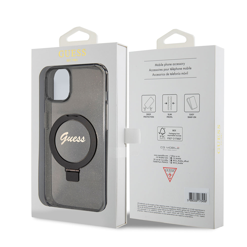 Pouzdro MagSafe pro Apple iPhone 15 Plus, Guess, Ring Stand Script Glitter, Černá