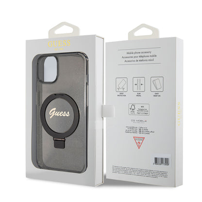 Pouzdro MagSafe pro Apple iPhone 15 Plus, Guess, Ring Stand Script Glitter, Černá