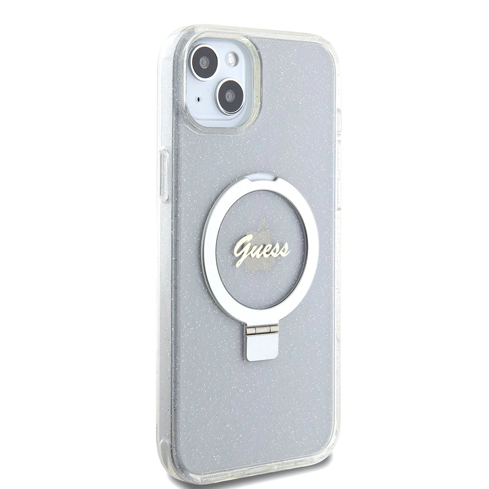 MagSafe Case for Apple iPhone 15 Plus, Guess, Ring Stand Script Glitter, Transparent