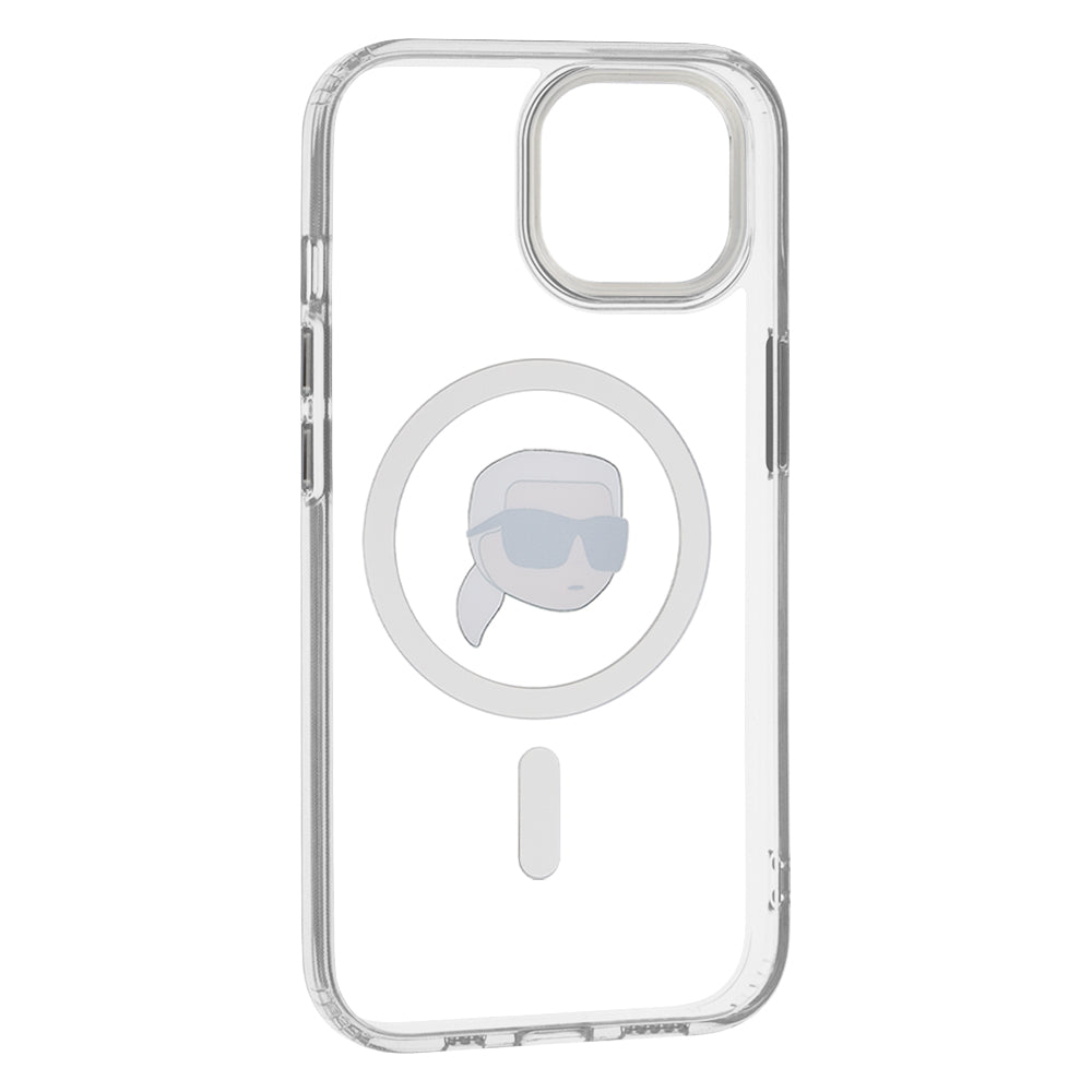 Pouzdro MagSafe pro Apple iPhone 15 Plus, Karl Lagerfeld, IML Metal Karl's Head, Bílá