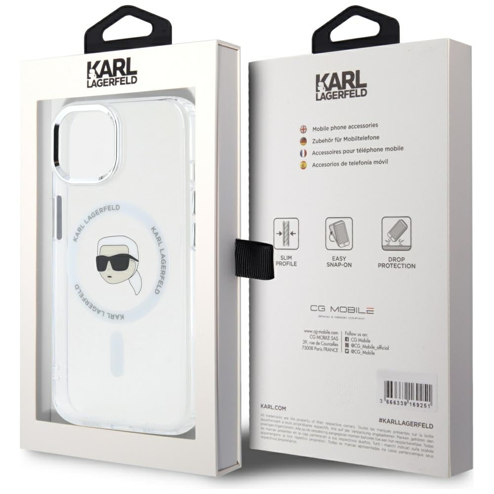 Pouzdro MagSafe pro Apple iPhone 15 Plus, Karl Lagerfeld, IML Metal Karl's Head, Bílá