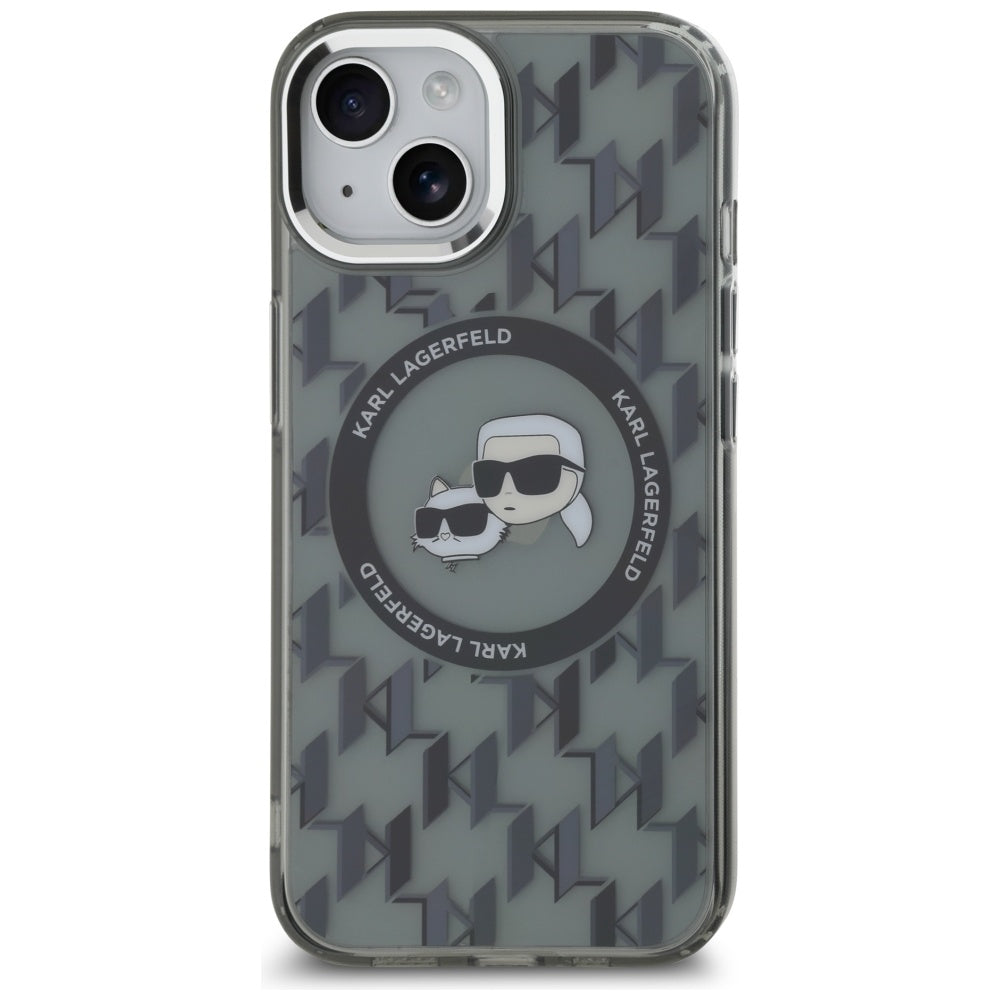 Pouzdro MagSafe pro Apple iPhone 15 Plus, Karl Lagerfeld, IML Monogram Karl & Choupette's Heads, Černá