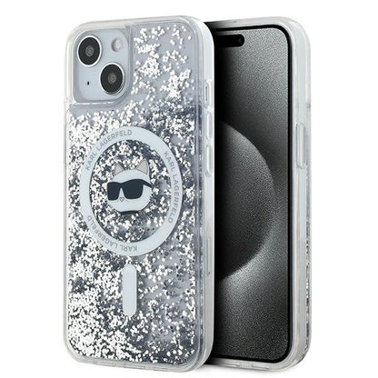 Pouzdro MagSafe pro Apple iPhone 15 Plus, Karl Lagerfeld, Liquid Glitter Choupette's Head, Transparentní