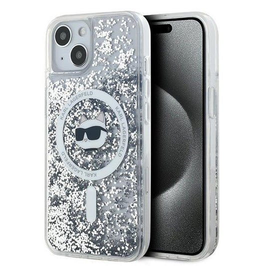 Pouzdro MagSafe pro Apple iPhone 15 Plus, Karl Lagerfeld, Liquid Glitter Choupette's Head, Transparentní