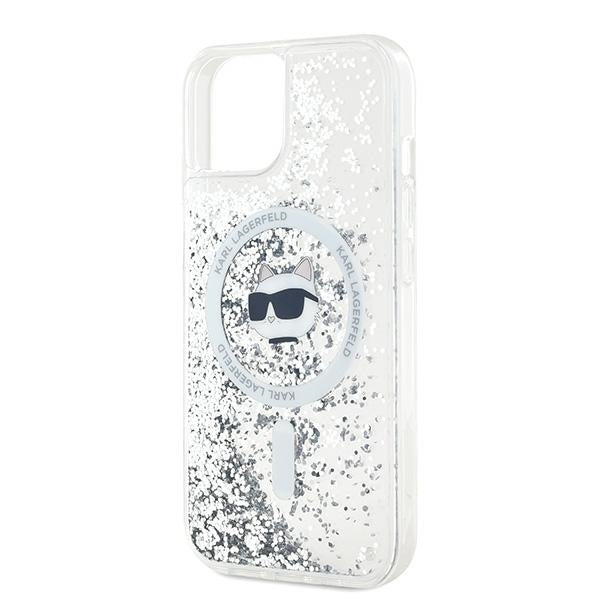 Pouzdro MagSafe pro Apple iPhone 15 Plus, Karl Lagerfeld, Liquid Glitter Choupette's Head, Transparentní