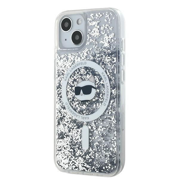 Pouzdro MagSafe pro Apple iPhone 15 Plus, Karl Lagerfeld, Liquid Glitter Choupette's Head, Transparentní