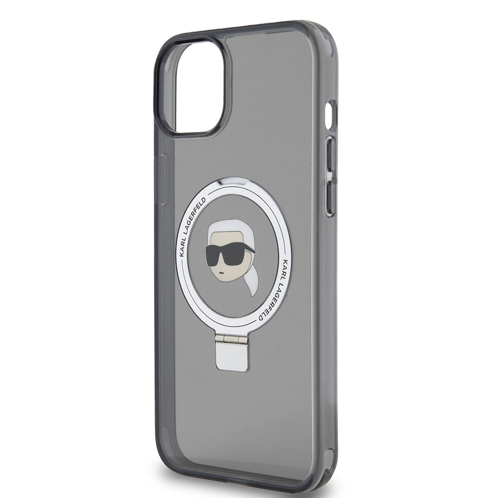Pouzdro MagSafe pro Apple iPhone 15 Plus, Karl Lagerfeld, Ring Stand Karl's Head, Černá