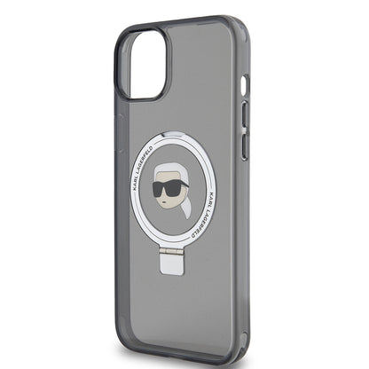 Pouzdro MagSafe pro Apple iPhone 15 Plus, Karl Lagerfeld, Ring Stand Karl's Head, Černá