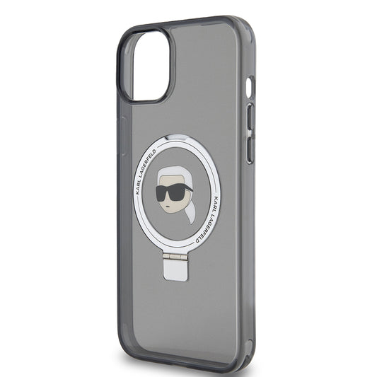 Pouzdro MagSafe pro Apple iPhone 15 Plus, Karl Lagerfeld, Ring Stand Karl's Head, Černá