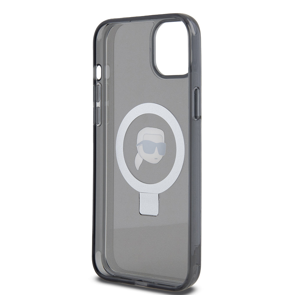 Pouzdro MagSafe pro Apple iPhone 15 Plus, Karl Lagerfeld, Ring Stand Karl's Head, Černá