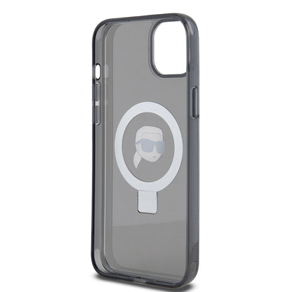 Pouzdro MagSafe pro Apple iPhone 15 Plus, Karl Lagerfeld, Ring Stand Karl's Head, Černá