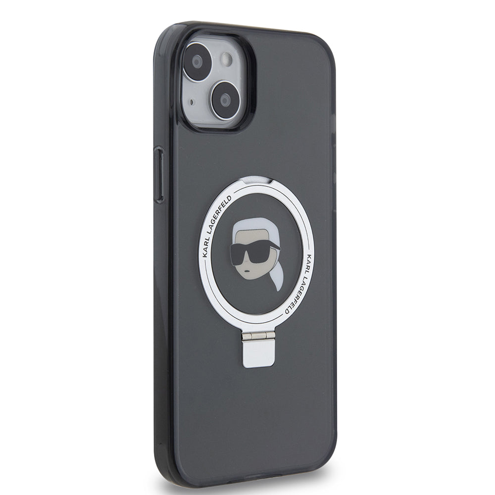 Pouzdro MagSafe pro Apple iPhone 15 Plus, Karl Lagerfeld, Ring Stand Karl's Head, Černá