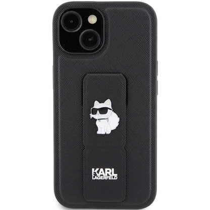 Pouzdro MagSafe pro Apple iPhone 15 Plus, Karl Lagerfeld, Saffiano Gripstand Choupette, Černá
