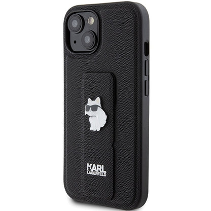 Pouzdro MagSafe pro Apple iPhone 15 Plus, Karl Lagerfeld, Saffiano Gripstand Choupette, Černá
