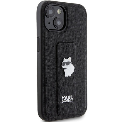 Pouzdro MagSafe pro Apple iPhone 15 Plus, Karl Lagerfeld, Saffiano Gripstand Choupette, Černá